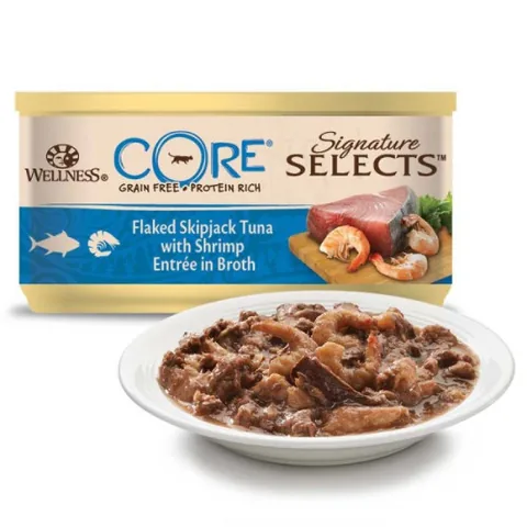 Hrana Umeda Pisici Wellness Core Signature Select Ton si Creveti in Supa 79g