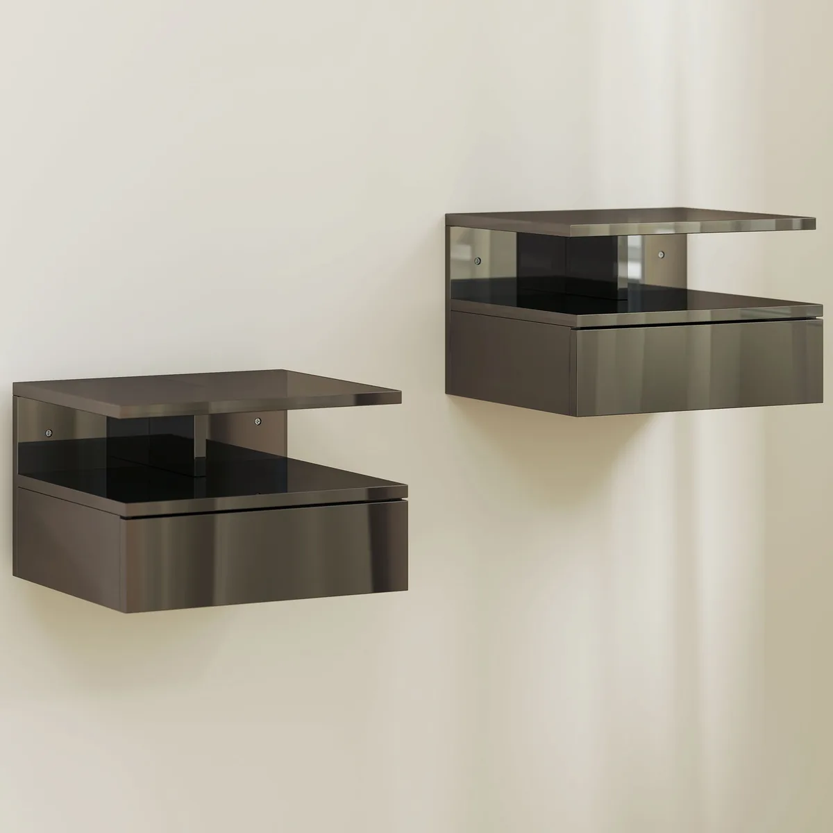 Noptiere HOMCOM Moderne Suspendate Set 2 cu Sertar si Raft 35x32x22.5cm Negru Lucios