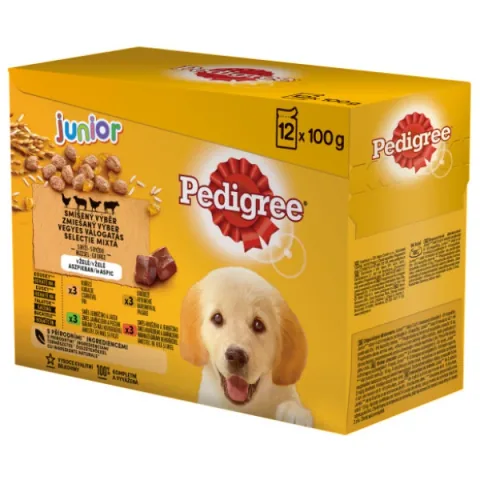 Hrana Umeda pentru Catei Pedigree Junior Pui Miel Ficat Pasare Vita Set 12x100g
