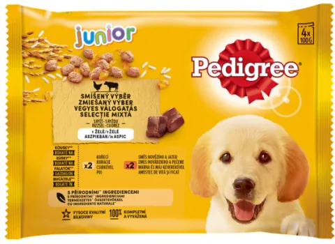 Hrana Umeda pentru Caini Pedigree Junior Pui Vita Ficat in Aspic 4x100g