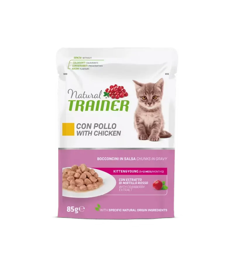 Hrana Umeda pentru Pisici Natural Trainer Kitten & Young cu Bucati de Pui in Sos 85g