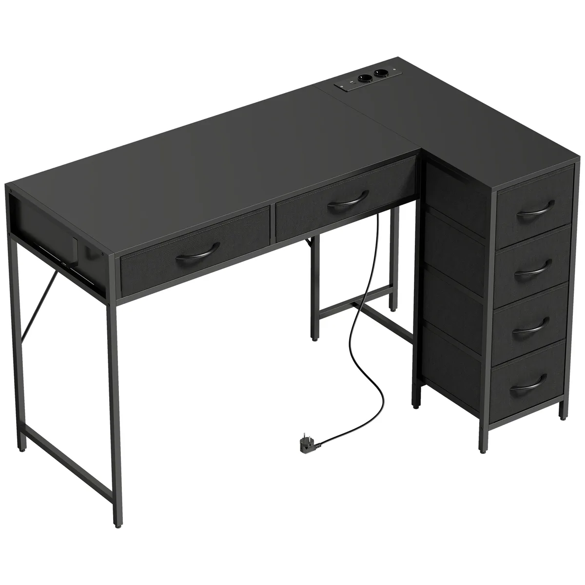 Birou de Colț HOMCOM Reversibil 126x48cm 6 Sertare Prize USB Cârlig Negru