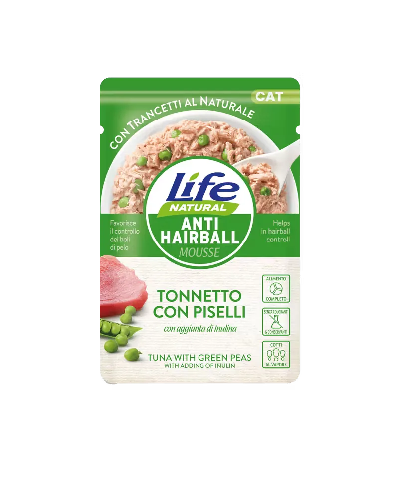 Hrana Umeda pentru Pisici Life Natural AntiHairball Mousse Ton si Mazare 70g