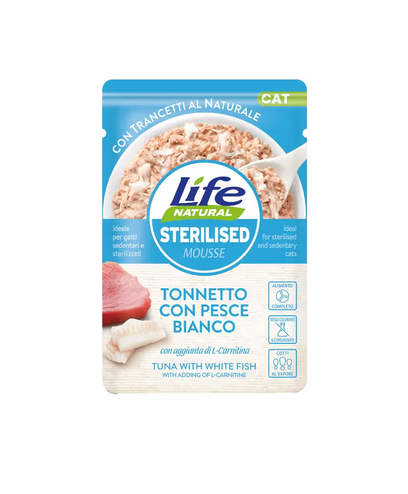 Hrana Umeda pentru Pisici Life Natural Sterilizat Mousse Ton si Peste Alb 70g