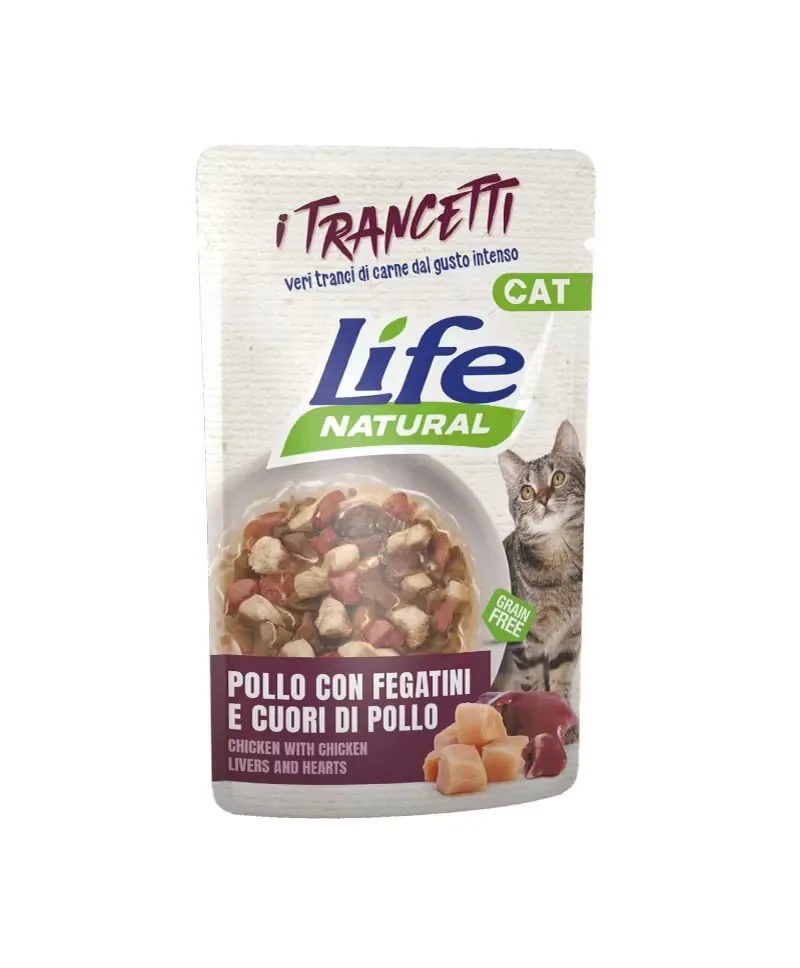 Hrana Umeda pentru Pisici Life Natural Adult Pui cu Ficat si Inimi Bucati 55g