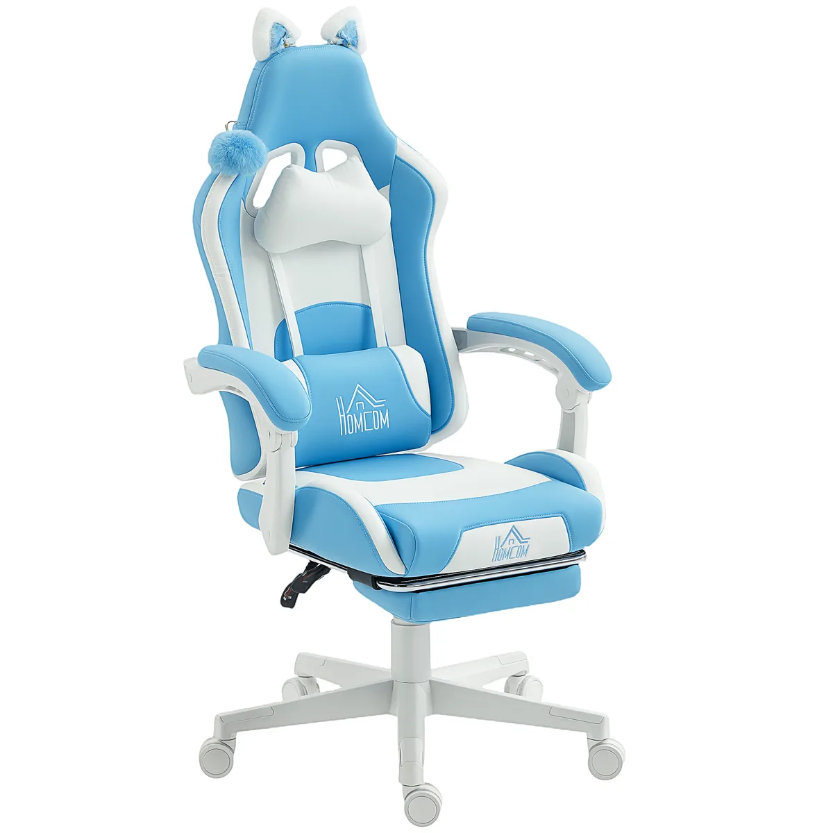 Scaun de Gaming HOMCOM Reclinabil Suport Picioare Perne Urechi Pisica Alb si Albastru