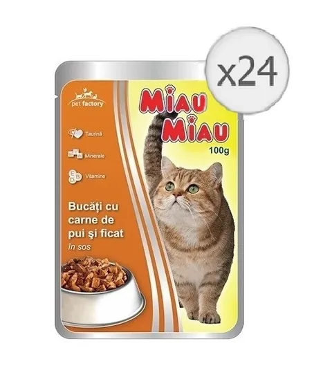 Mancare Umeda pentru Pisici Miau Miau Pui si Ficat in Sos 24x100g