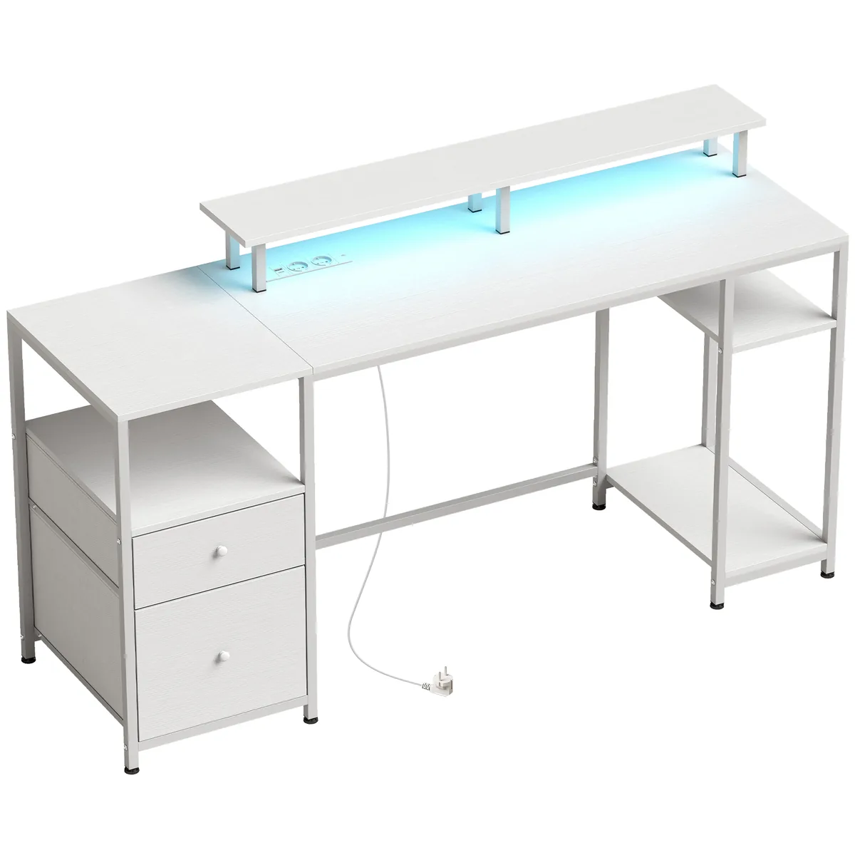 Masă de Birou Homcom cu LED Sertare Prize USB Suport Monitor 155.5x48x88.5cm Alb