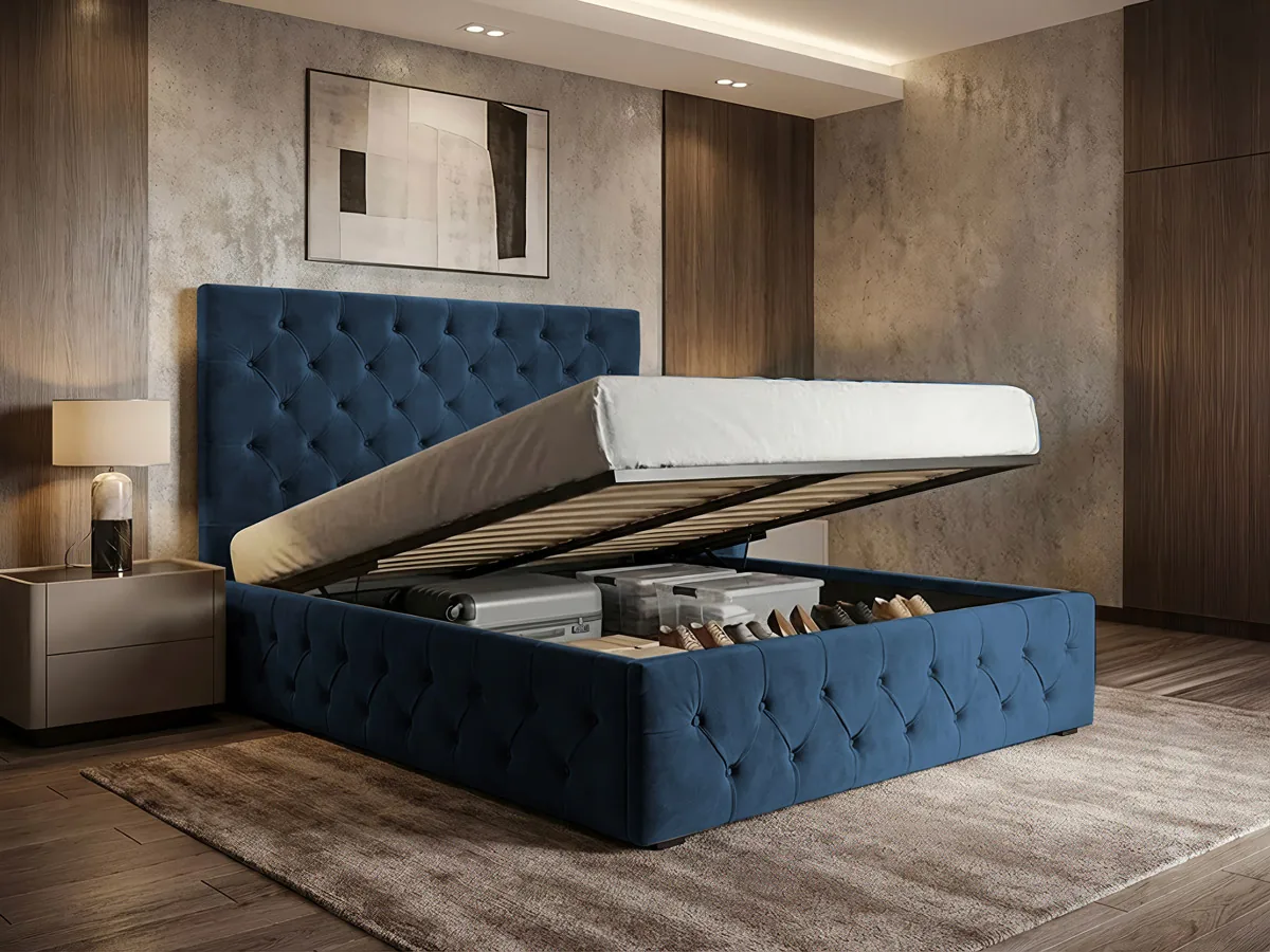 Mobidea Noble Albastru Navy Velluto 25 160x200 Cu Somiera Rabatabila Si Lada Depozitare