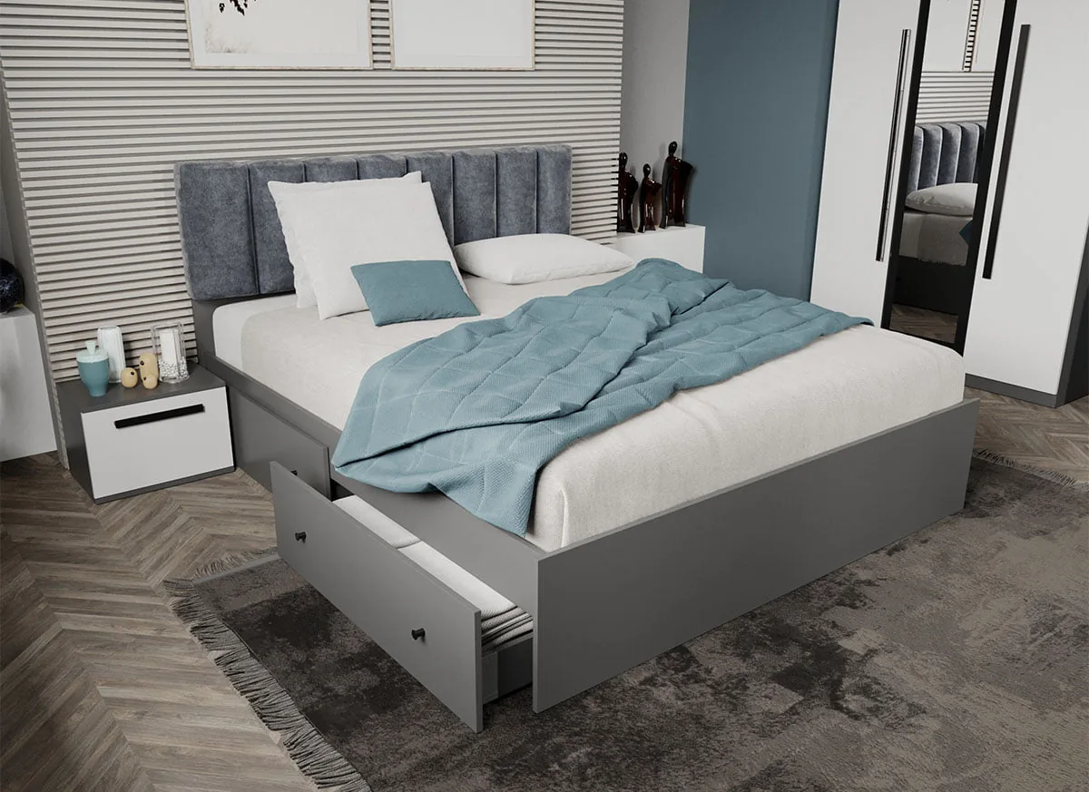Mobidea Pat Tapitat Axis 160x200 Gri Deschis 2 Sertare
