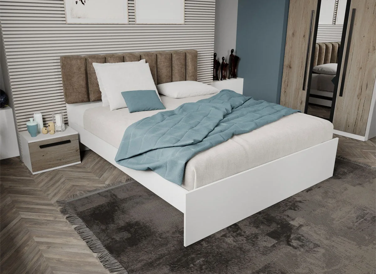 Mobidea Pat Tapitat cu Somiera Fixa Axis 140x200 Fara Sertare Alb Bej