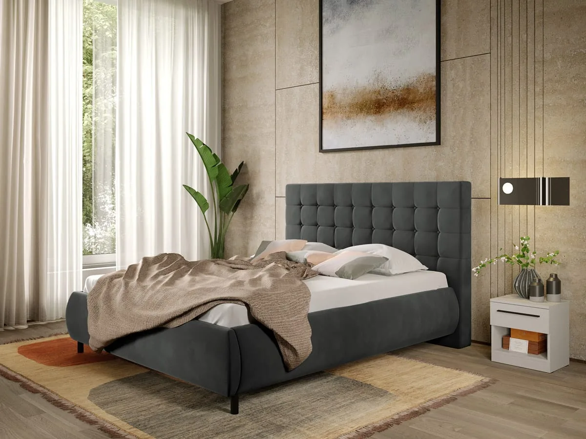 Mobidea Pat Tapitat Velvet cu Somiera Fixa Gri Inchis 140x200
