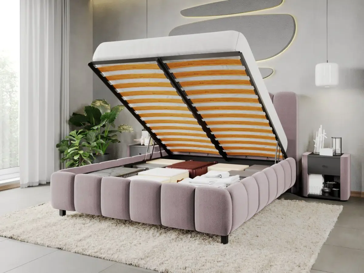 Mobila Laguna Bari 180x200 Roz Velluto 14 Cu Somiera Rabatabila Si Lada De Depozitare