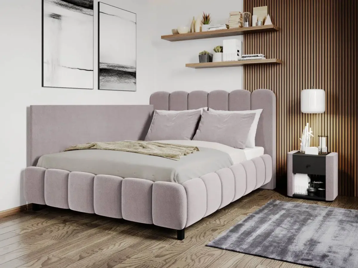 Mobila Laguna Bari Velluto 14 Pat Tapitat de Colt 120x200 Roz cu Somiera Rabatabila