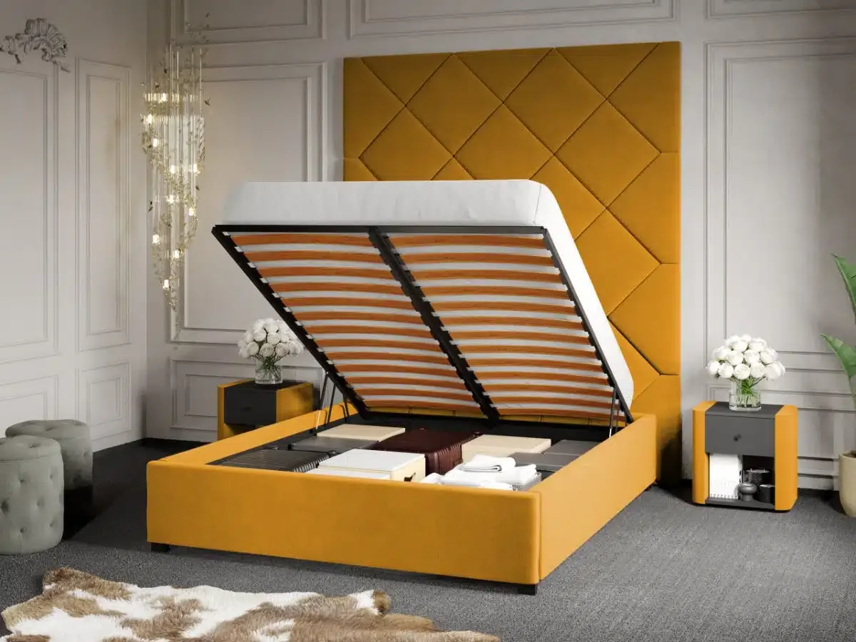 Mobila Laguna C1 Dubai 180x200 Galben Velluto 8 cu Somiera Rabatabila si Lada