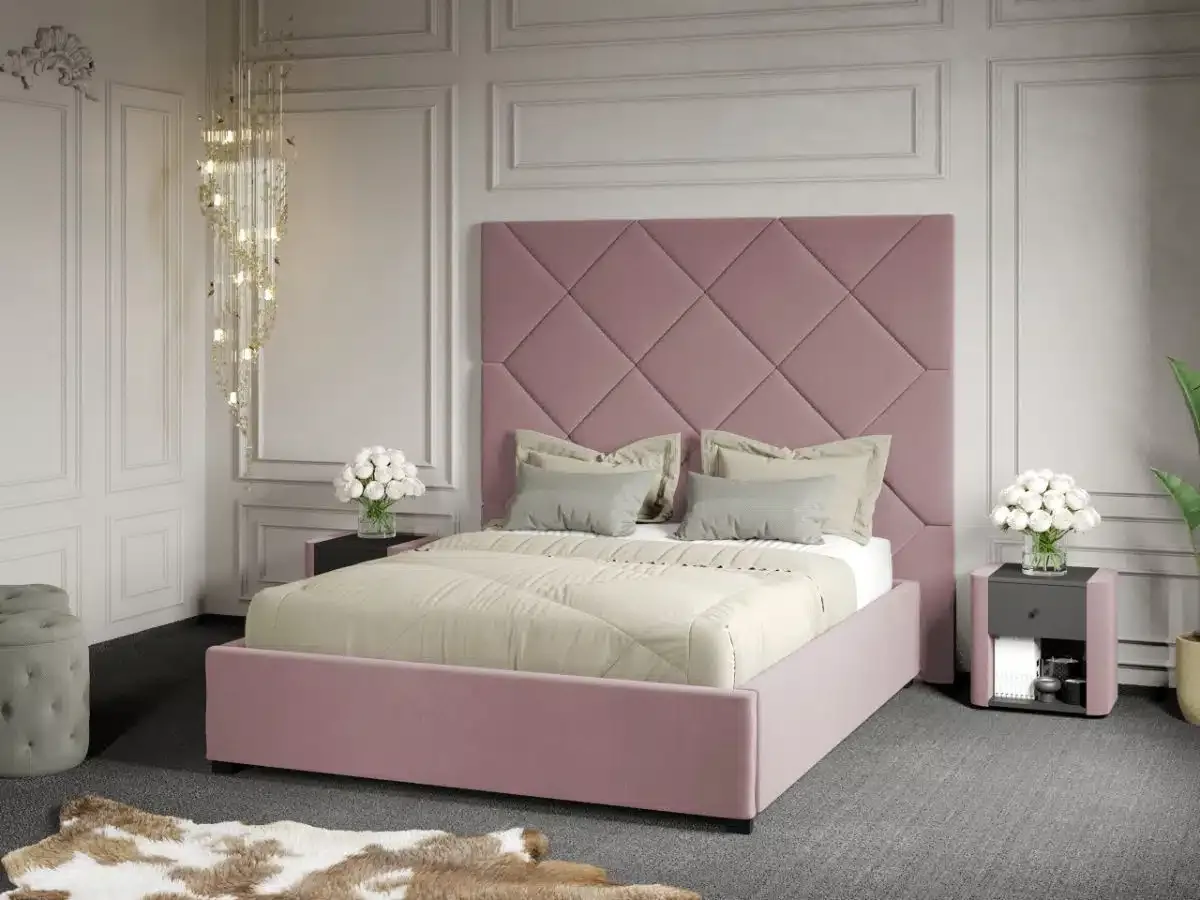 Mobila Laguna C2 Dubai Pat Tapitat cu Panou 140x200 Somiera Fixa Roz Velluto 14