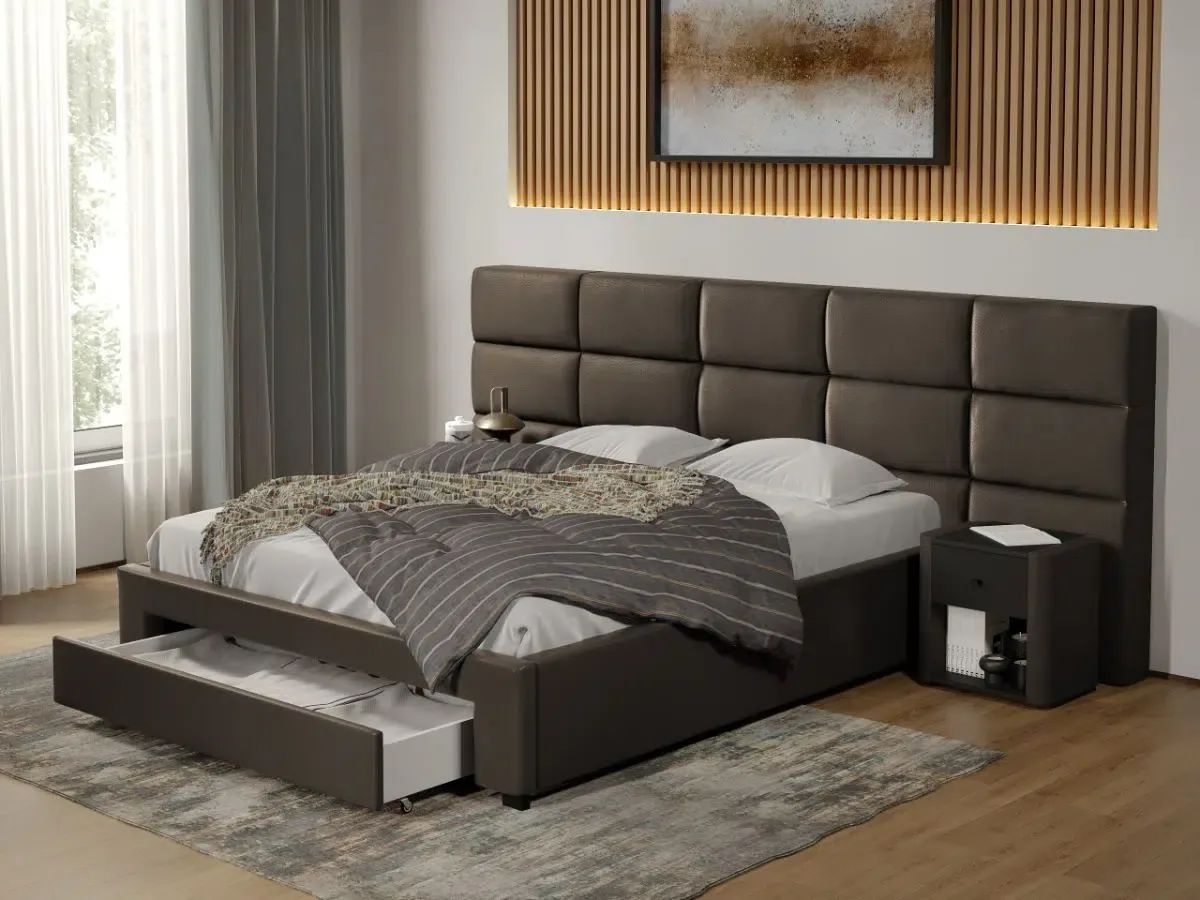 Mobila Laguna Cico cu Sertar 287x114cm Piele/Stofa C2 Ciocolatiu Nube 29
