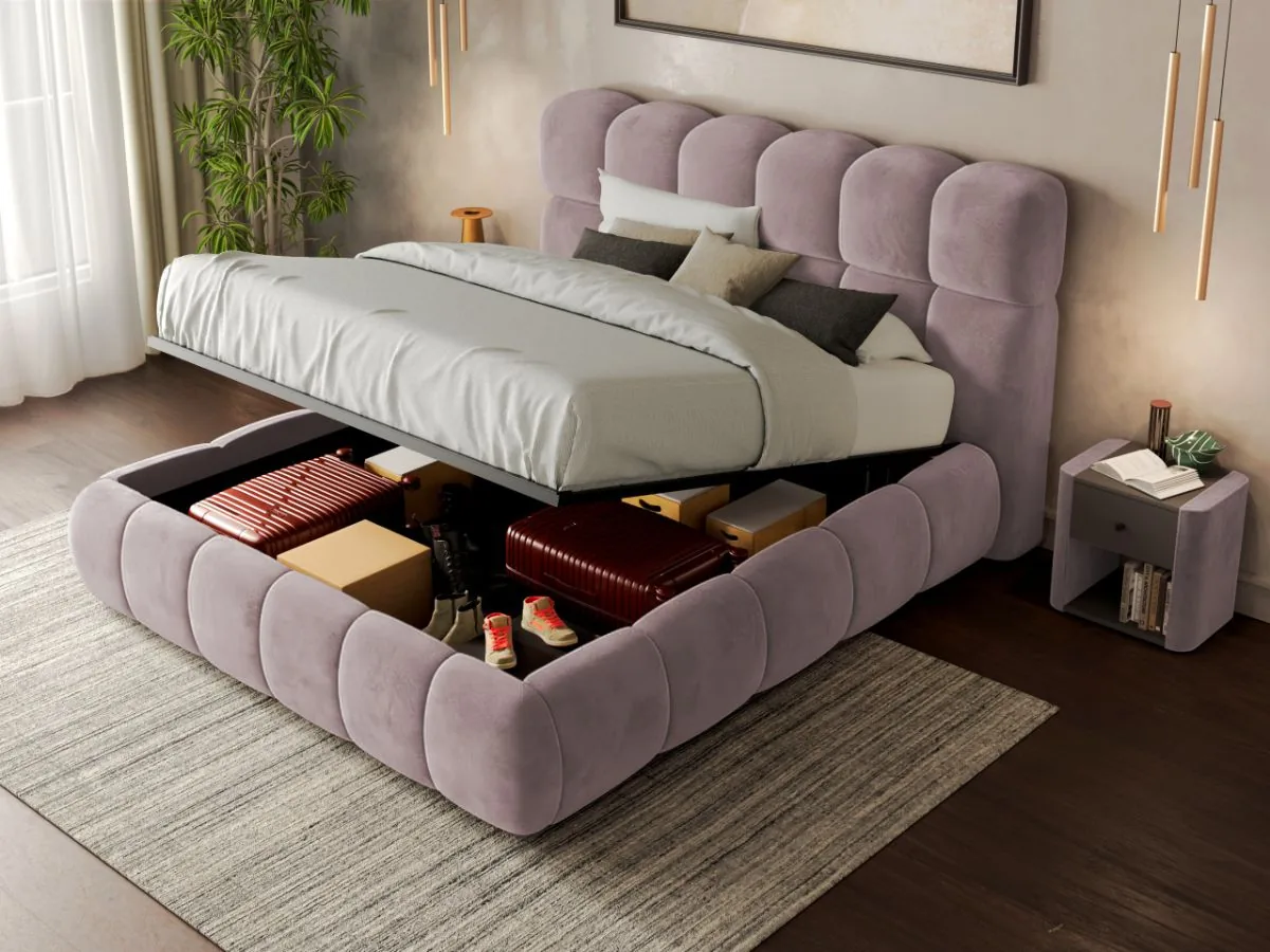 Mobila Laguna Espera Bubble 160x200 Roz Velluto 14 cu Lada Depozitare