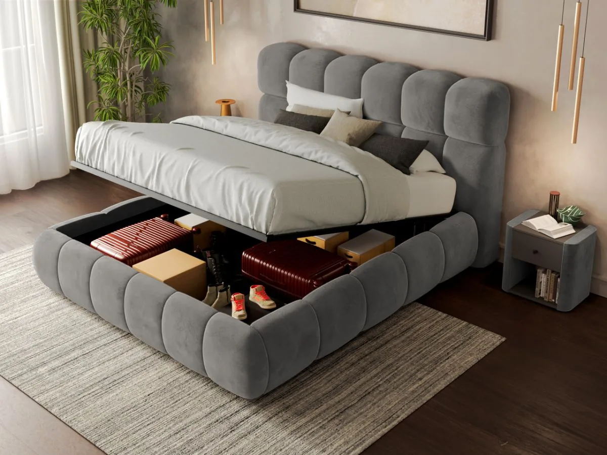 Mobila Laguna Espera Bubble 180x200 Gri Velluto 16 Cu Somiera Rabatabila Si Lada Depozitare