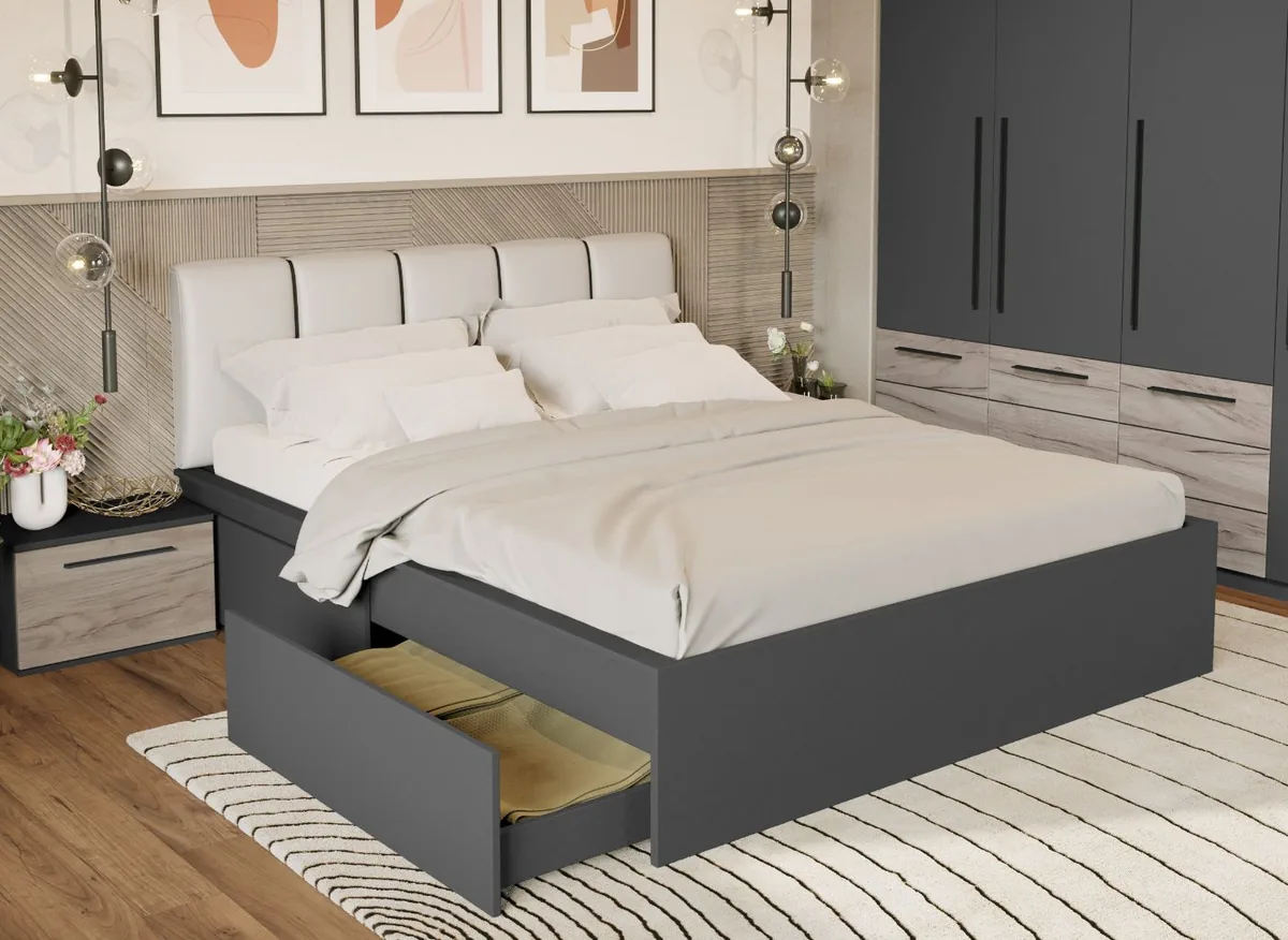Mobila Laguna Gri Tapitat 180x200 cu Lada Depozitare 2 Sertare