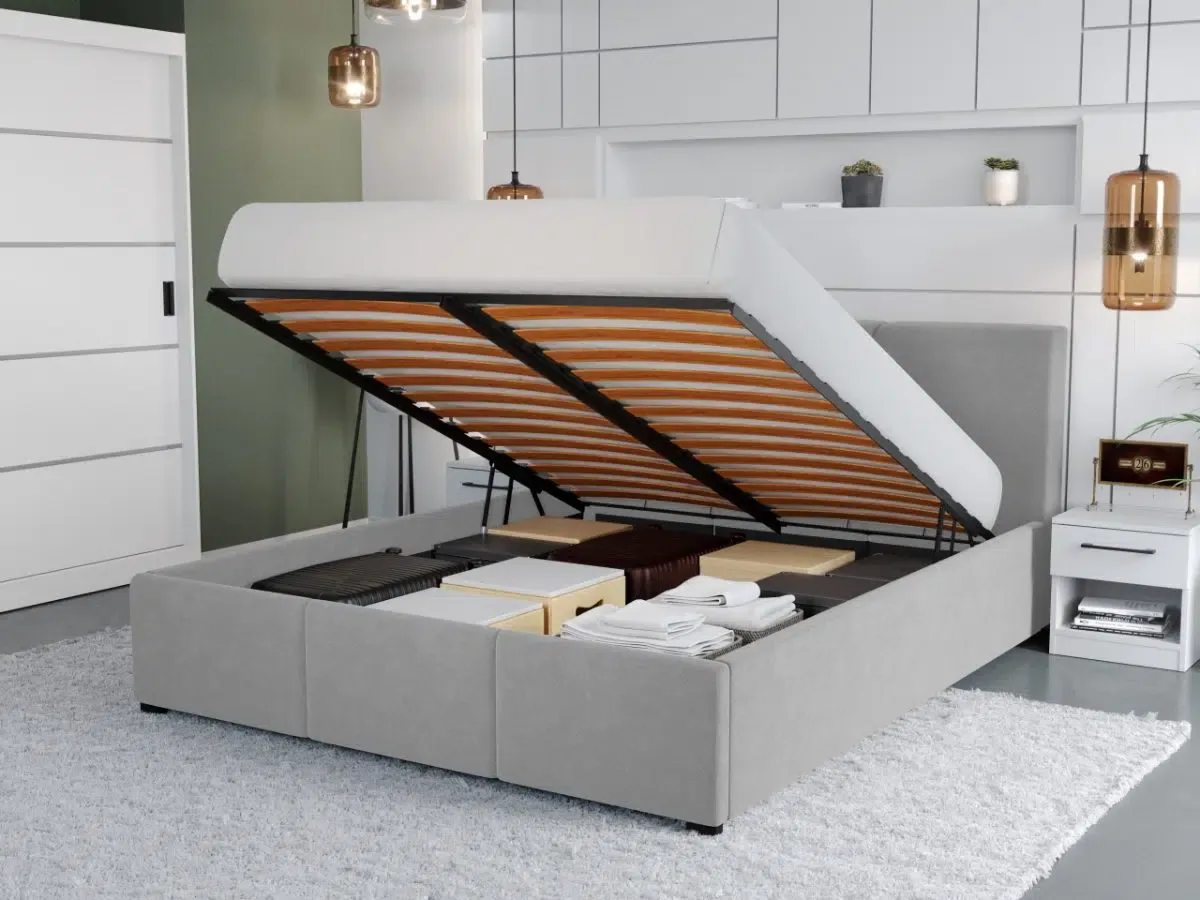 Mobila Laguna Pat Tapitat Avelis Swing 16 180x200 Gri cu Lada Depozitare