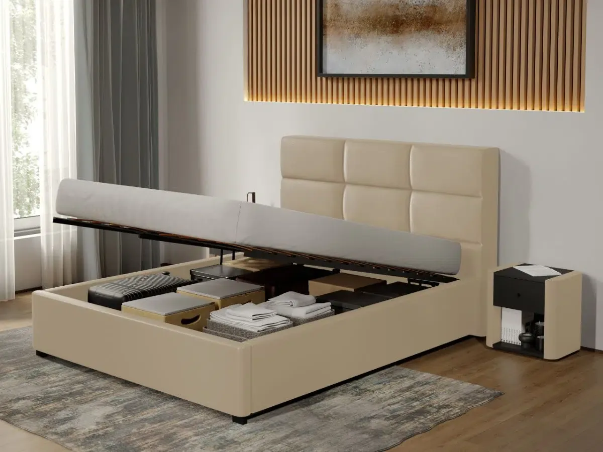 Mobila Laguna Pat Tapitat Cico Rabatabil Nube 4 140x200 Crem Piele/Stofa C1