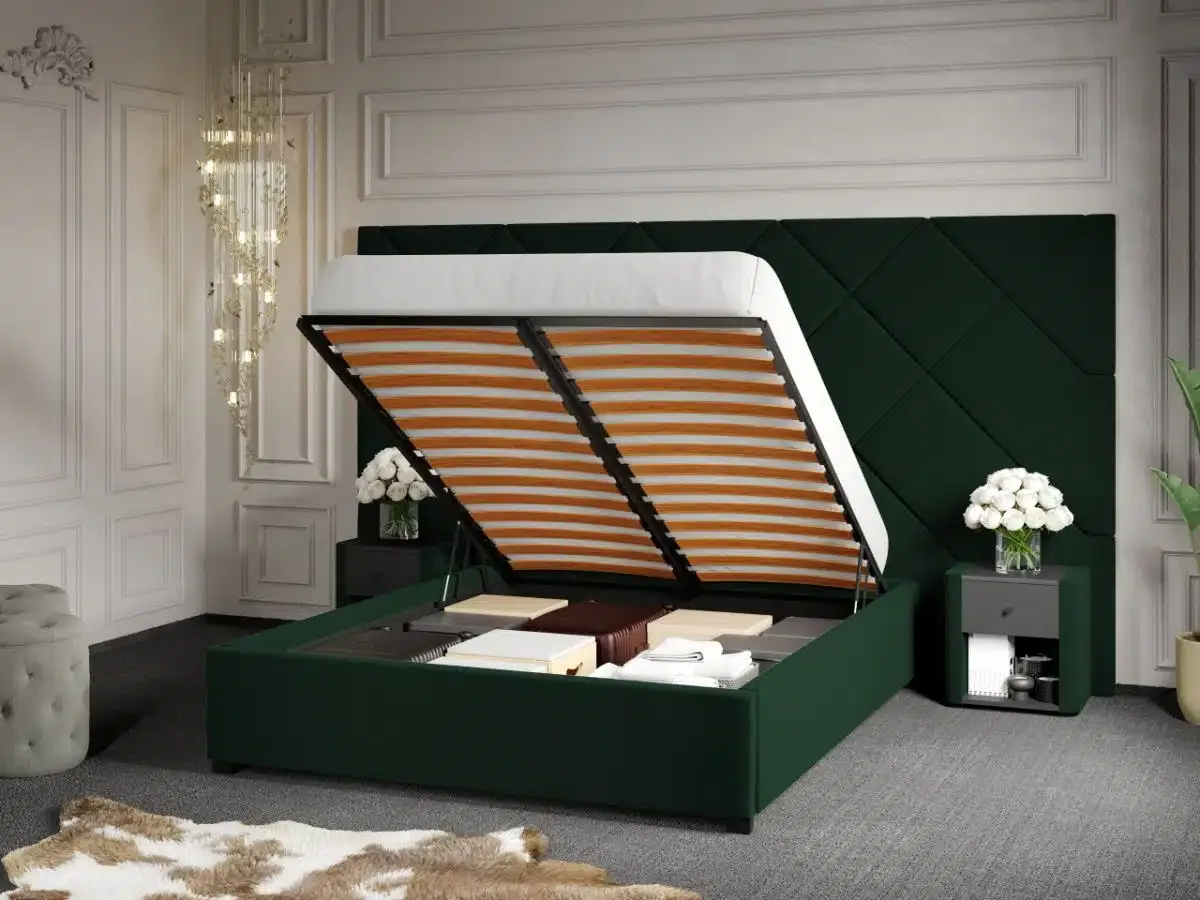 Mobila Laguna Pat Tapitat cu Panou Dubai cu Lada 140x200 Velluto 27 Verde Inchis