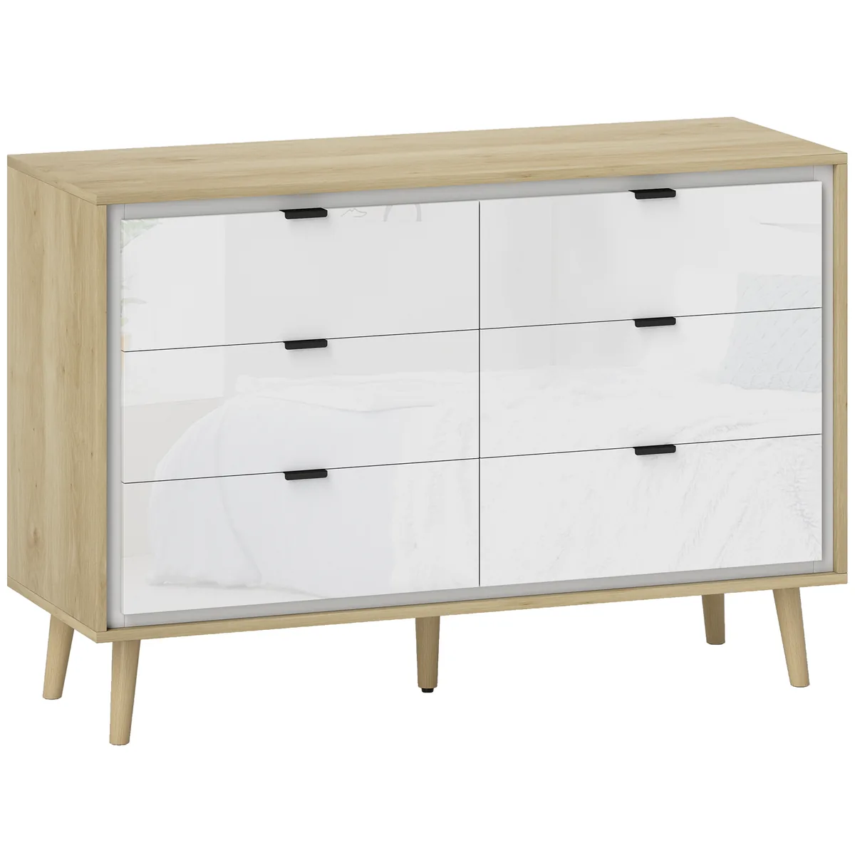 Comodă HOMCOM 6 Sertare 110x40x75 cm Alb Lucios și Stejar