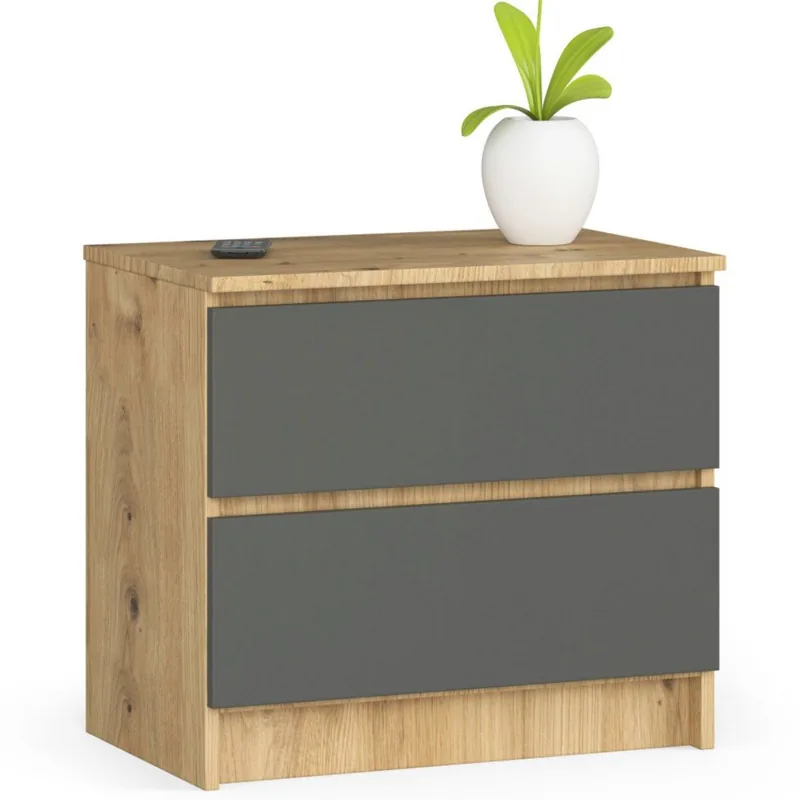 Noptiera Brius 2 Sertare Glisiere Metalice Stejar Artisan Grafit 60x40x55 cm