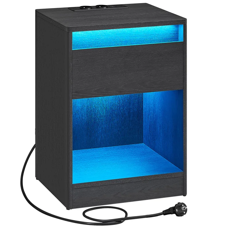 Noptiera Brius Kailyn LED Reglabila 2 Prize 2 USB Sertar si Raft 40x35x55cm Negru