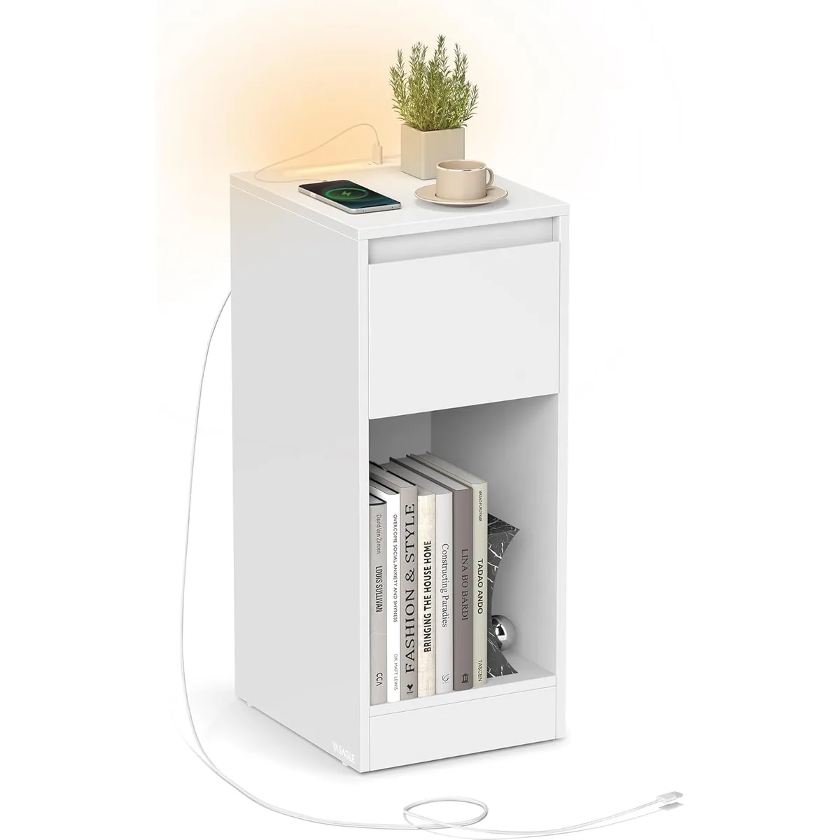 Noptiera Brius Slim cu LED si Statie Incarcare Alb