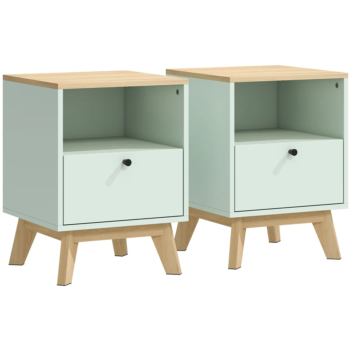 Set de 2 Noptiere HOMCOM cu Sertar si Compartiment Deschis Stejar si Verde Deschis