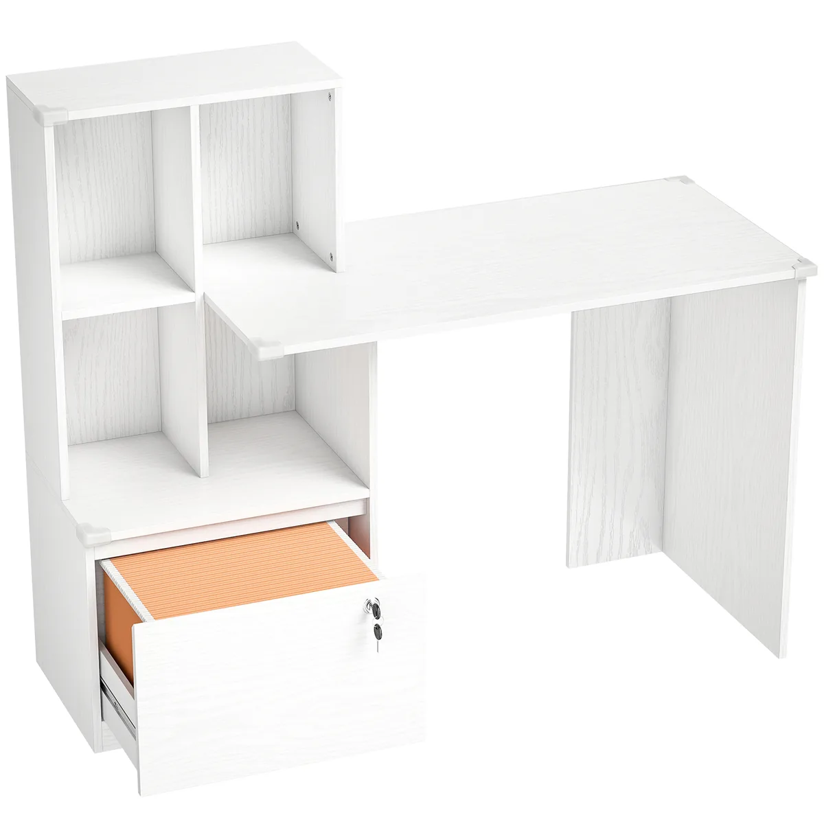 Birou de Calculator HOMCOM cu Bibliotecă 4 Compartimente Sertar Încuiabil 126x50x109cm Alb Lemn