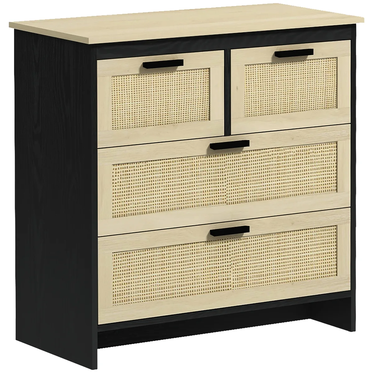 Comoda HOMCOM 4 Sertare PAL si Ratan 80x38x80cm Negru si Lemn Natural