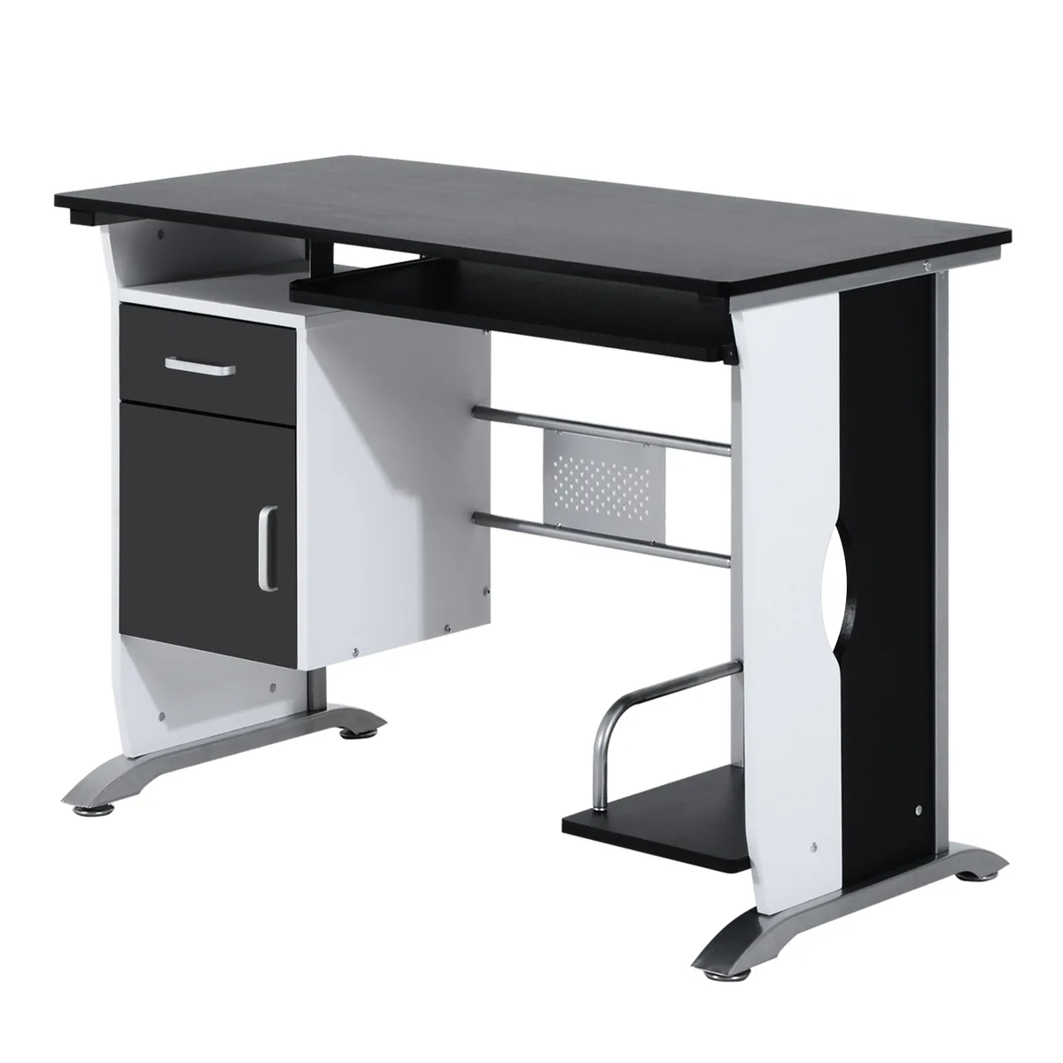 Birou HOMCOM 100x52x75 cm Alb și Negru cu Raft Tastatură, Sertar, Dulap