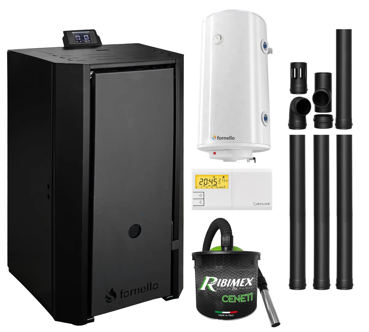 Pachet Centrala pe Peleti Fornello EVA B Black 30KW cu Boiler 100L Termostat Si Aspirator
