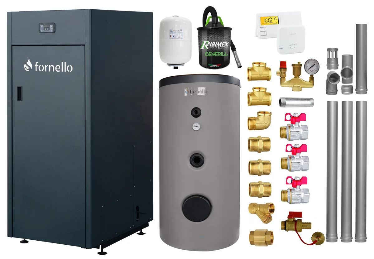 Pachet Centrala Peleti Fornello King Plus 35 KW Boiler 200L Termostat Vas Expansiune Aspirator