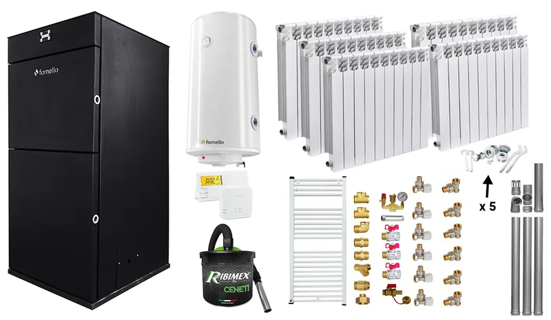 Pachet Centrala Peleti Fornello Pellet King 25kW cu Calorifere Fornello Alvo Boiler Aspirator Termostat Kit Evacuare 3.5m