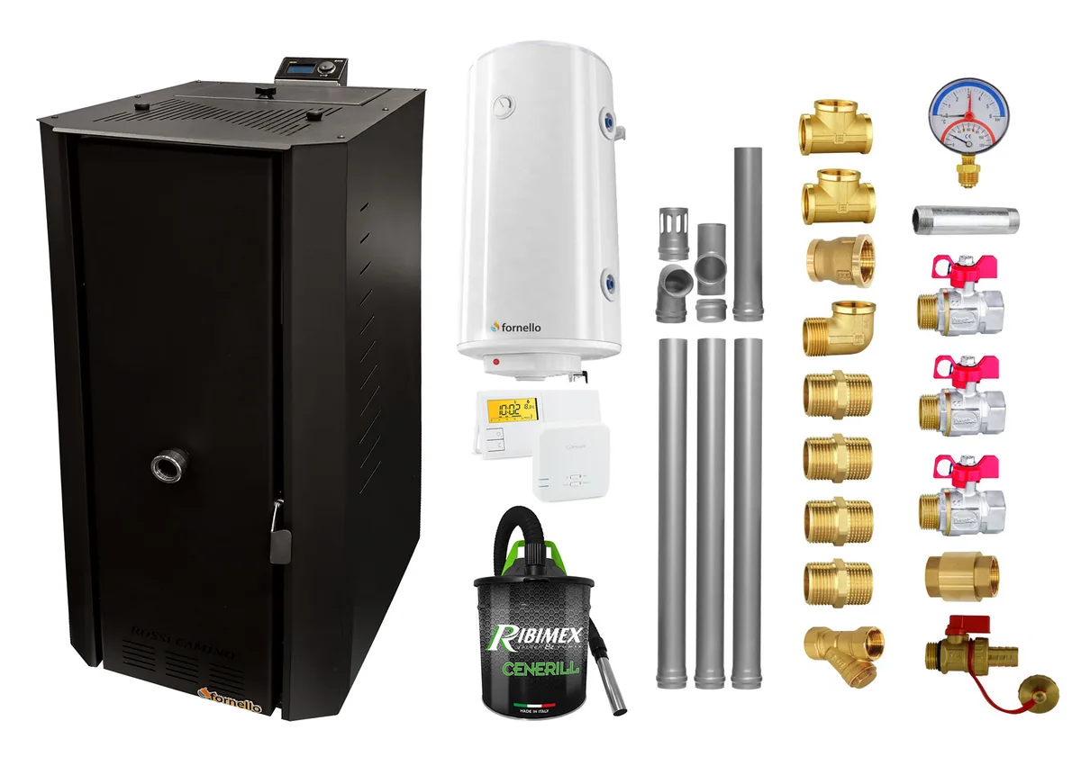 Pachet Centrala Peleti Fornello Rossi B Black 25kW cu Boiler 100l Termostat si Accesorii