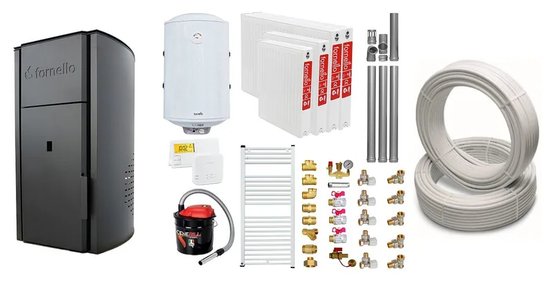 Pachet Centrala Peleti Fornello Royal B 25kW Boiler 100L Termostat Salus Aspirator Cenușa Radiatoare