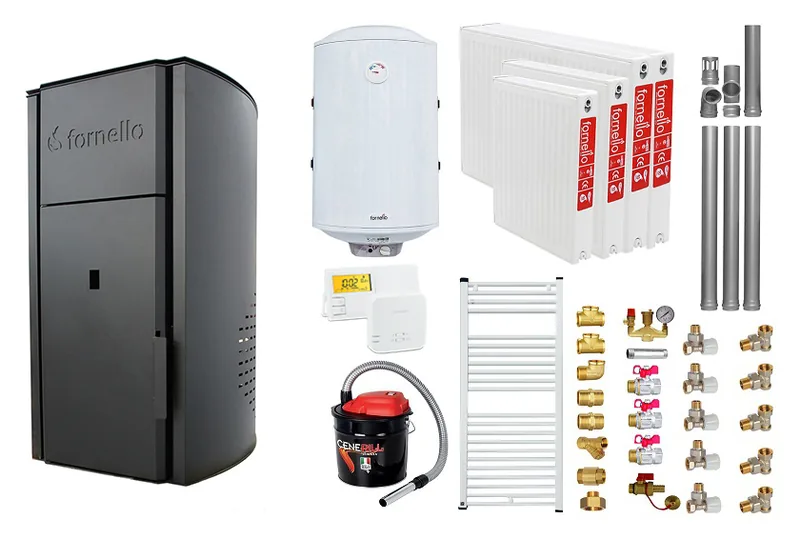 Pachet Centrala Peleti Fornello Royal B 25kW Boiler 100L Termostat Salus Aspirator Radiatoare