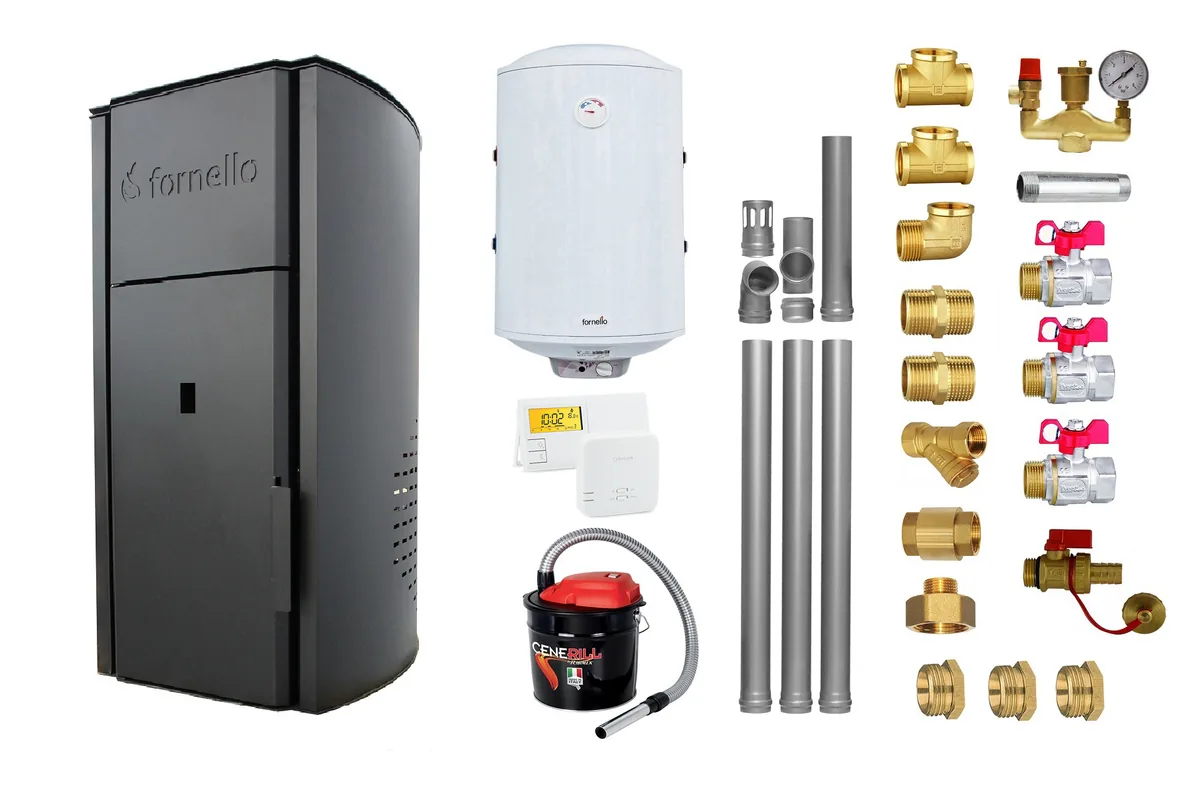 Pachet Centrala peleti Fornello Royal Black 30kw cu Boiler 100l Termostat Aspirator Kit Montaj