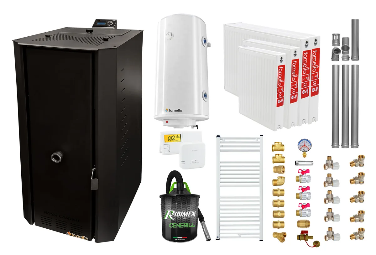 Pachet Centrala Termica pe Peleri Fornello Rossi B Black 25kW cu Boiler 100L Termostat Salus Aspirator Kit Evacuare si Radiatoare
