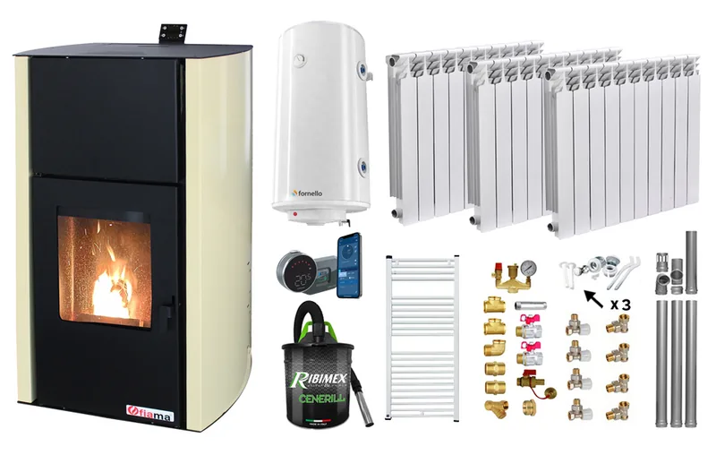 Pachet Control Termosemineu Fornello Fiama Confort 12kw Calorifere Alvo Boiler 100l Salus IT800 Aspirator Kit 3.5m
