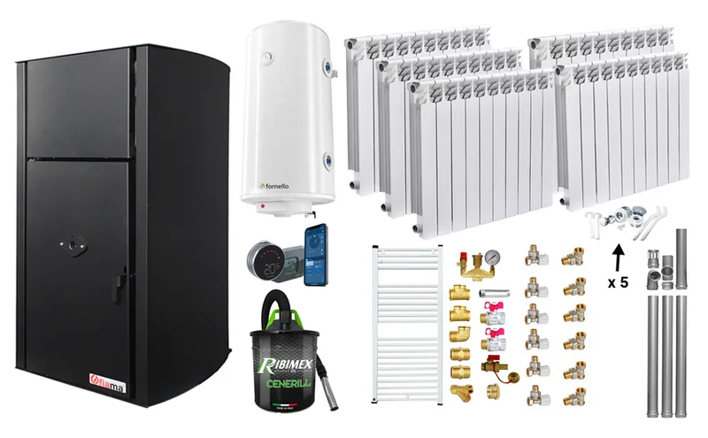 Pachet Fornello Fiama Confort B 25kw cu Radiatoare Alvo si Boiler 100L