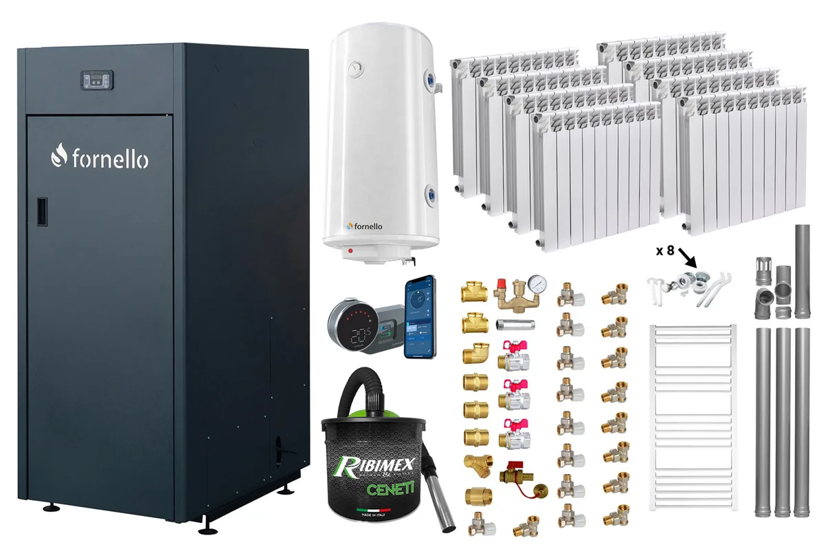 Pachet Fornello King Plus 30KW cu Calorifere Aluminiu Boiler Termostat