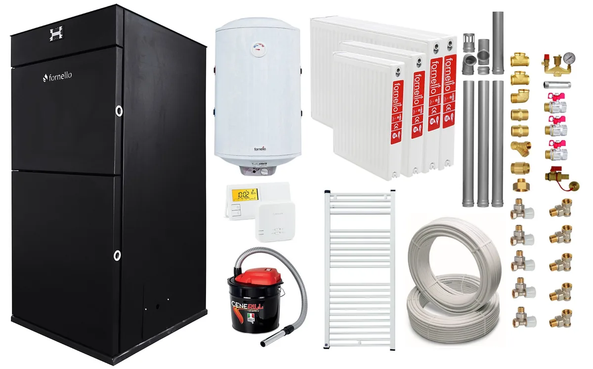 Pachet Incalzire Fornello Centrala Pellet King 25kW cu Boiler 100L Termostat Aspirator Radiatoare