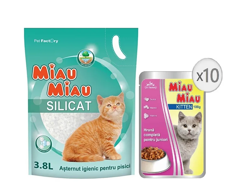 Pachet Miau Miau Asternut Silicatic 3.8L si 10 Plicuri Kitten 100g