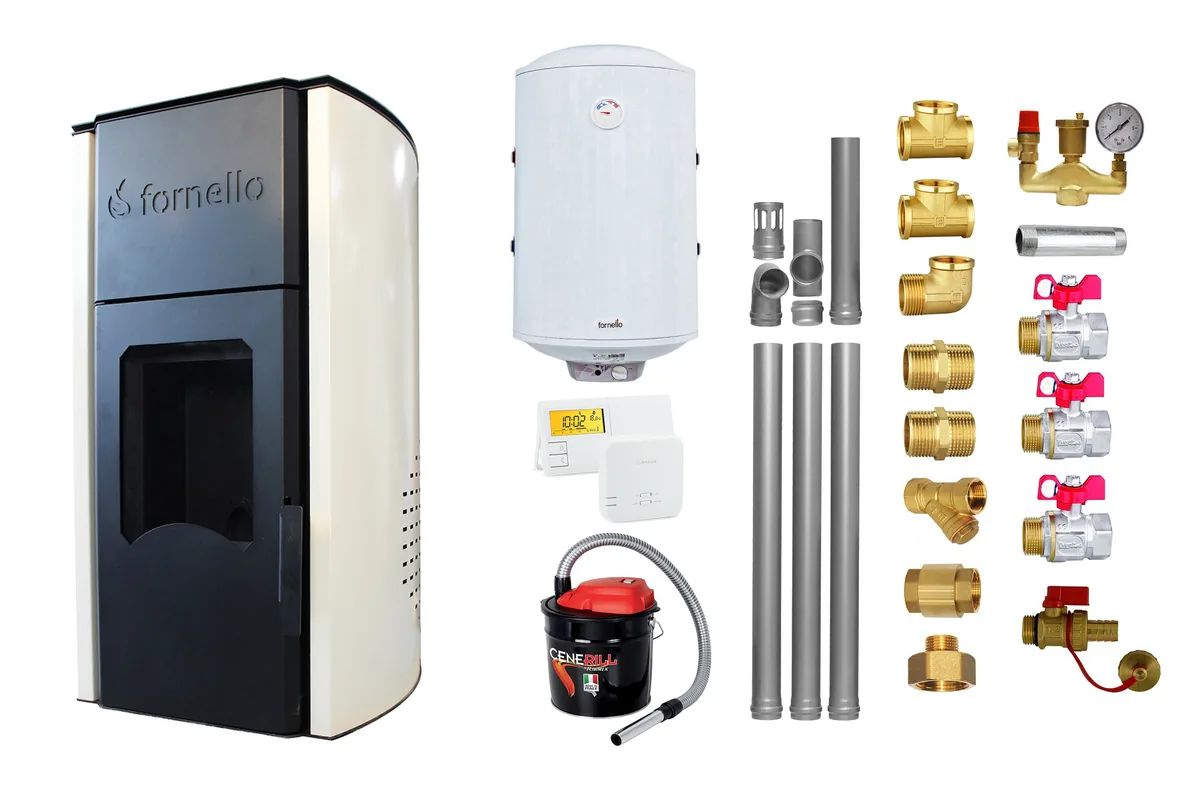 Pachet Termosemineu Fornello Royal Ivory 25kW cu Boiler 100l, Kit Evacuare, Termostat Salus si Aspirator Cenusa