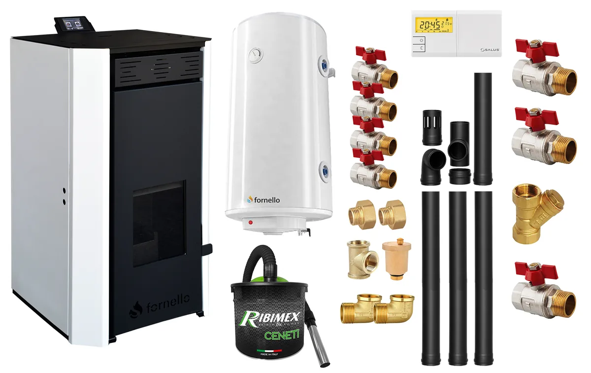 Pachet Termosemineu pe Peleti Fornello EVA 30kW 100L Boiler